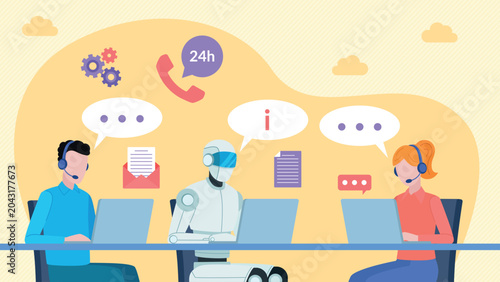 Employees collaborating with an AI chat bot. The robot sits at a desk with other employees, completing assigned tasks together. Human-AI collaboration. Vector illustration in flat design style.