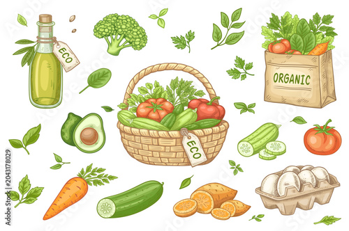 Hand drawn organic food and eco grocery collection
