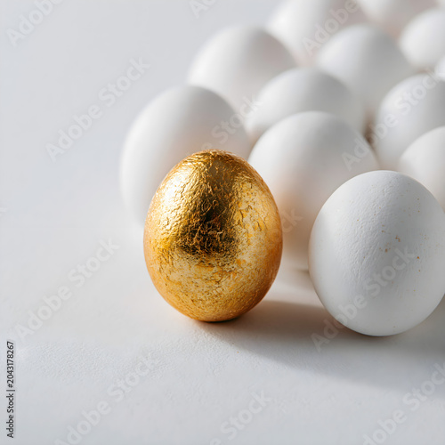 Golden egg stands out among a multitude of white eggs.