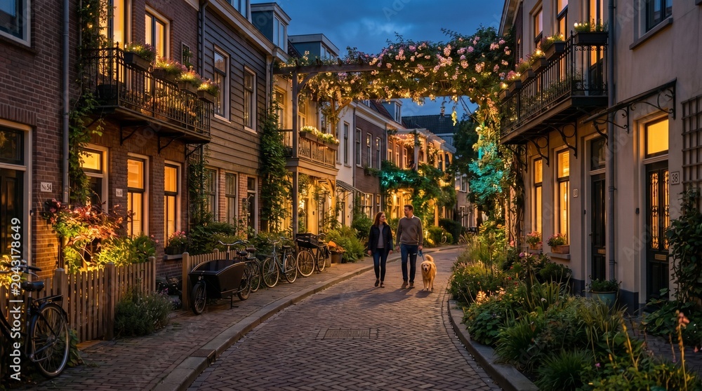 Obraz premium Residential street with living floral lighting and urban sustainability