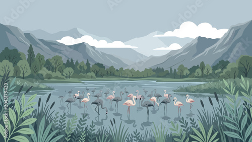Obraz na płótnie flamingos in mountainous landscape vector birds mountains