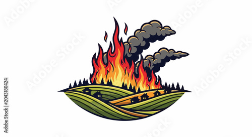 A stylized illustration of a countryside landscape engulfed in flames