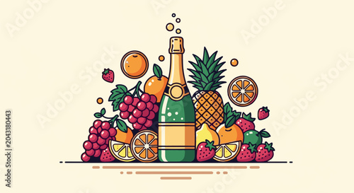 A stylized illustration of a champagne bottle surrounded by a colorful assortment of fresh fruits