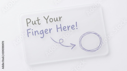 Interactive biometric scanner interface, put your finger here text on white screen, digital fingerprint identification concept for security access