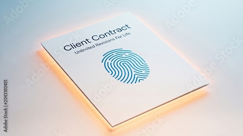 Client Contract document with biometric fingerprint icon, digital security agreement for business services, modern legal paperwork with glowing orange backlight