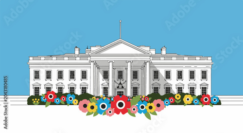 A stylized illustration of a famous government building with a colorful floral display