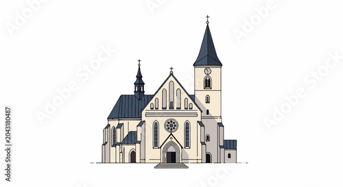 A stylized illustration of a European church with tall spires and stained glass windows