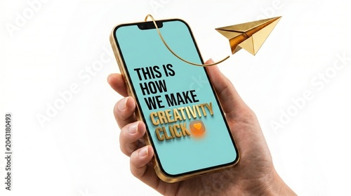 Creative marketing concept with hand holding smartphone, golden paper plane flying from mobile screen, digital innovation and communication success