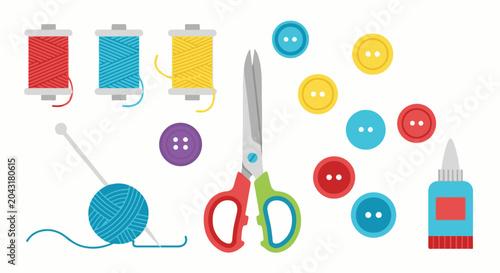Assorted sewing and crafting supplies with thread spools, buttons, scissors, needle, and glue