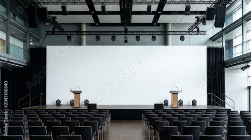 A large, empty conference hall with a stage, podiums, and rows of seats facing a blank screen.