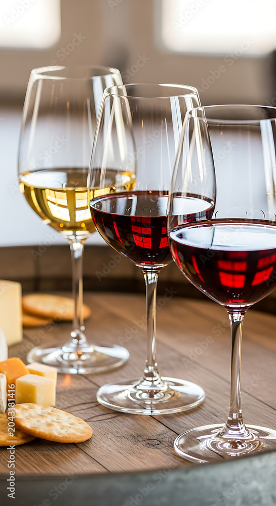 Naklejka premium Three wine glasses with red and white wine and cheese 3