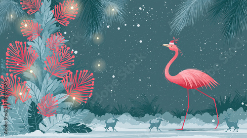 a pink flamingo wearing a mini Santa hat walks through a snowy night landscape beside a glowing, tropical fern tree decorated with lights
