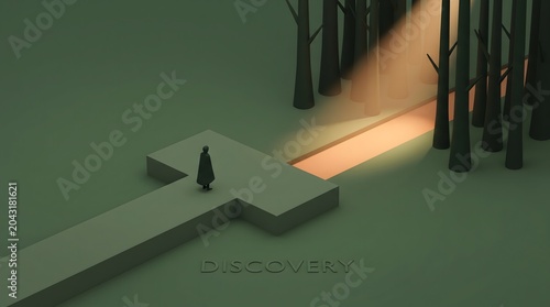 Minimal 3D figure in a cloak standing at a T-shaped crossroads looking at a glowing path leading into a dark forest, concept of discovery, choice, future destiny, and life direction.