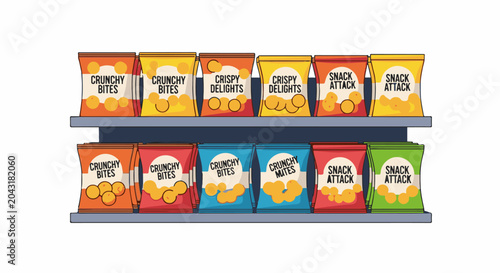 Bags of colorful chips are displayed on two shelves