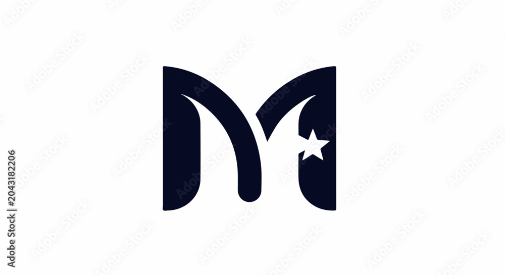Obraz premium Abstract dark blue letter M with white star accent on white background