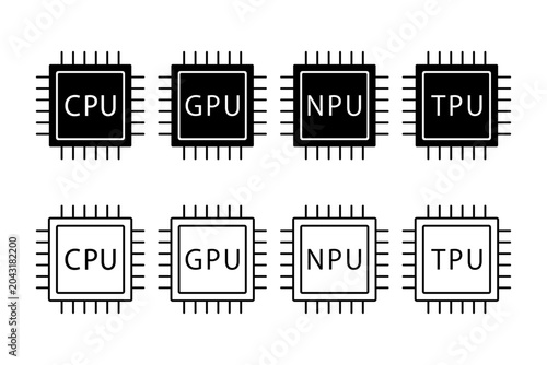 Bild auf Leinwand 「CPU」「GPU」「NPU」「TPU」の文字が書かれた半導体やプロセッサーのアイコンセット