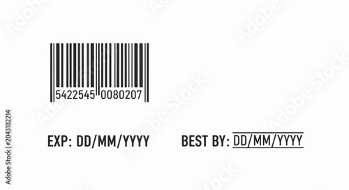 Barcode, expiration date, and best by date placeholders on white background