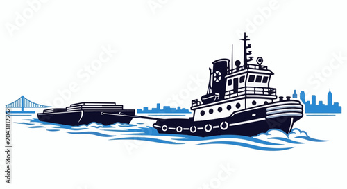 A tugboat pulls a barge past a city skyline and bridge