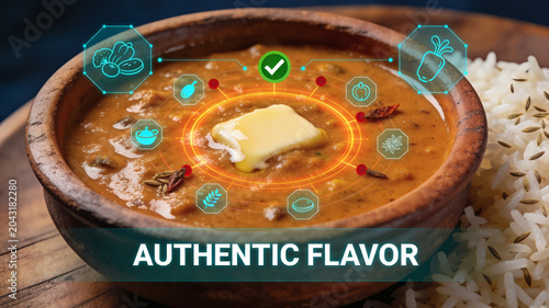 A Clay Bowl Filled With Rich Spiced Curry Topped With Melting Butter Served Alongside Jeera Rice And Overlaid With Digital Food Ingredient Graphics And The Text Authentic Flavor
