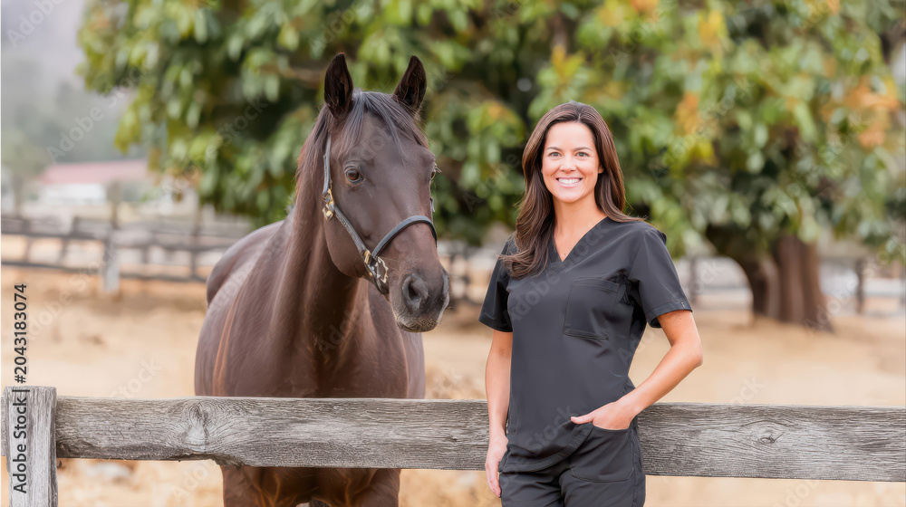 Obraz premium A veterinarian in scrubs smiles behind a dark brown horse in sharp focus. Warm sunlight and soft tones highlight a rural, animal care setting with high realism.