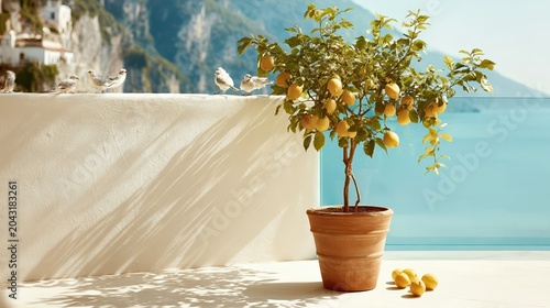 A vibrant lemon tree in a terracotta pot sits on a sunlit terrace with views of blue water. Fresh lemons and birds evoke Mediterranean summer and outdoor relaxation.