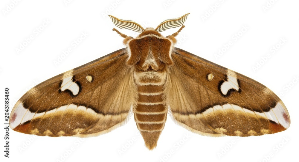 Fototapeta premium Detailed Macro Shot of a Brown Silk Moth Isolated on White Background - Callosamia promethea Species
