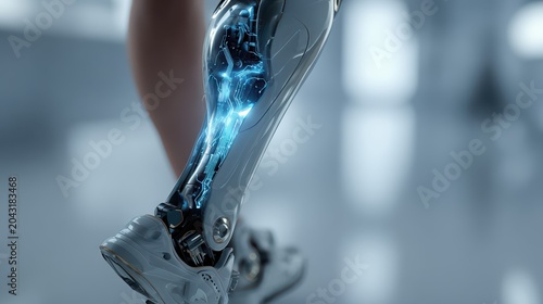 A high-tech bionic leg with glowing circuitry and futuristic mechanics is featured. The cybernetic limb showcases cutting-edge prosthetic technology in a sleek design.