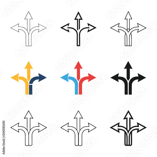 Three way splitting arrow icon set for direction and choice