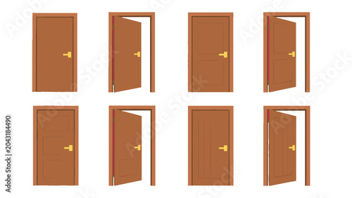 Foto Set of brown wooden doors in closed and open positions