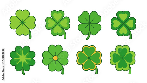 Obraz na płótnie Set of green four leaf clover icons in different vector styles