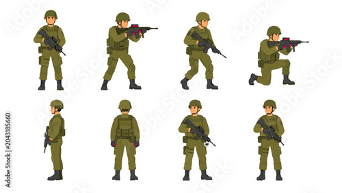 Photos Set of armed soldier character poses in tactical uniform