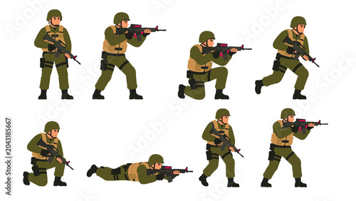 Canvastavla Vector set of armed soldiers in different tactical poses