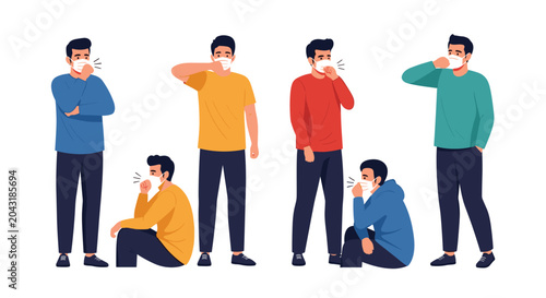 Group of ill men wearing protective face masks looking sick and coughing during a seasonal flu or virus spread.