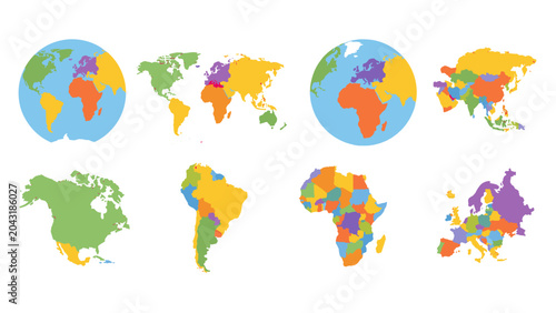 Quadro su tela Colorful world and continent maps set in flat vector style