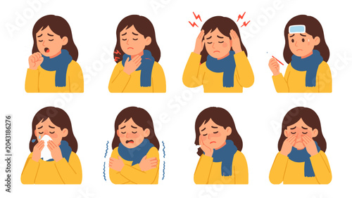 Schilderij op canvas Woman with cold and flu symptoms set in flat vector style