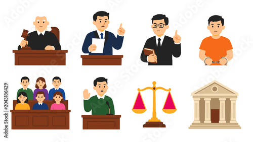 Obraz na płótnie Courtroom and justice system icons with judge, lawyer, jury and scales