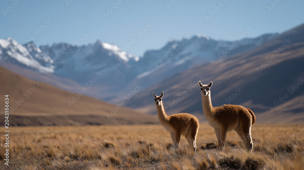 Obraz premium Two wild animals with long necks stand in a vast, arid landscape under a clear blue sky, majestic snow-capped mountains in the background