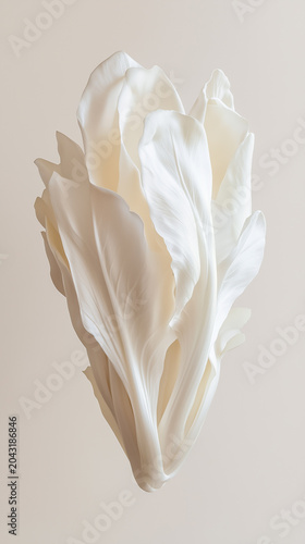 Raw chicory head floating, displaying minimalist translucent leaves and crisp structural form