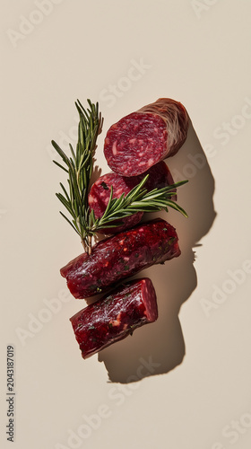 Sliced dry-cured sausage in geometric plating with fresh rosemary sprig as minimalist textural study