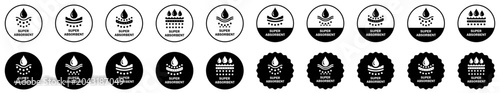 Super absorbent icon set featuring water absorption, moisture control, liquid retention, droplet management, dry surface, hygiene, protection and absorbency symbols. vector, icons