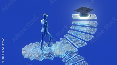 Minimal 3D glossy figure climbing glass stairs with tech circuit patterns toward a glowing graduation cap on a solid blue background, digital education and career success concept.