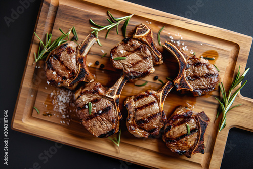 Top view of traditional Andorran mountain style grilled lamb chops with rosemary sprigs and sea salt on a wooden carving board, generative AI
