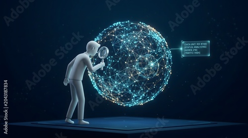 Minimal 3D character inspecting a glowing digital network sphere with a magnifying glass next to a HUD interface panel, data analysis and cybersecurity concept on dark background.