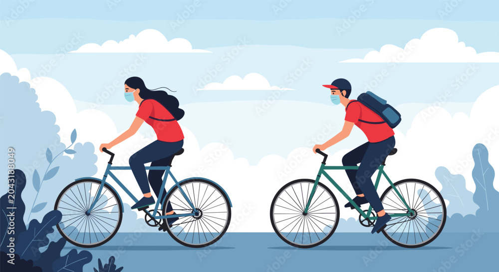 Fototapeta premium Man and woman ride their bicycles through a scenic landscape while wearing protective face masks to stay active safely during a pandemic.