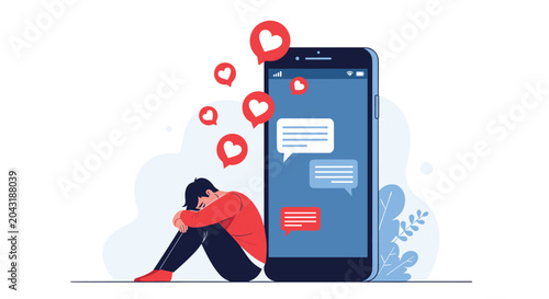 Sad man sits hunched over next to a giant smartphone displaying heart notifications to illustrate the impact of social media on mental health.