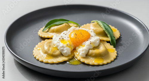 Gourmet handmade ravioli pasta served with fresh ricotta cheese and a rich runny egg yolk garnish vector image culinary luxury presentation