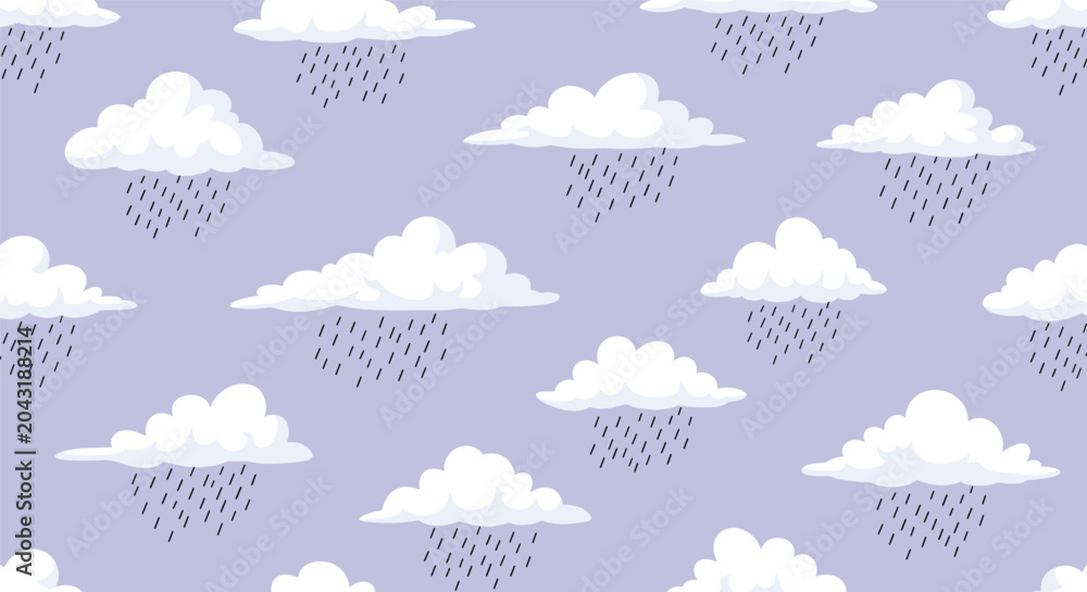 Fototapeta premium Seamless weather pattern of white fluffy clouds with falling rain drops on a light lavender or purple background for themes.