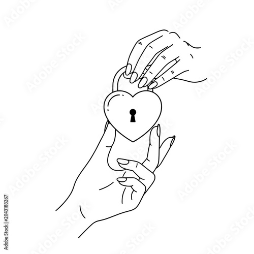 Icon of beautiful female hands holding a heart-shaped lock representing concepts of love and security