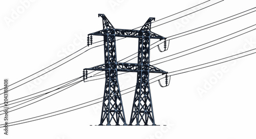 A tall, metallic power line tower with multiple wires against a white background
