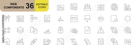 Web components editable icon set. Featuring interface elements, coding tools, dashboard controls and digital development symbols. Vector illustration.